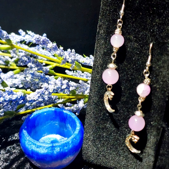 Hand Crafted Jewelry - Silver and Pink Moon Charm Earrings